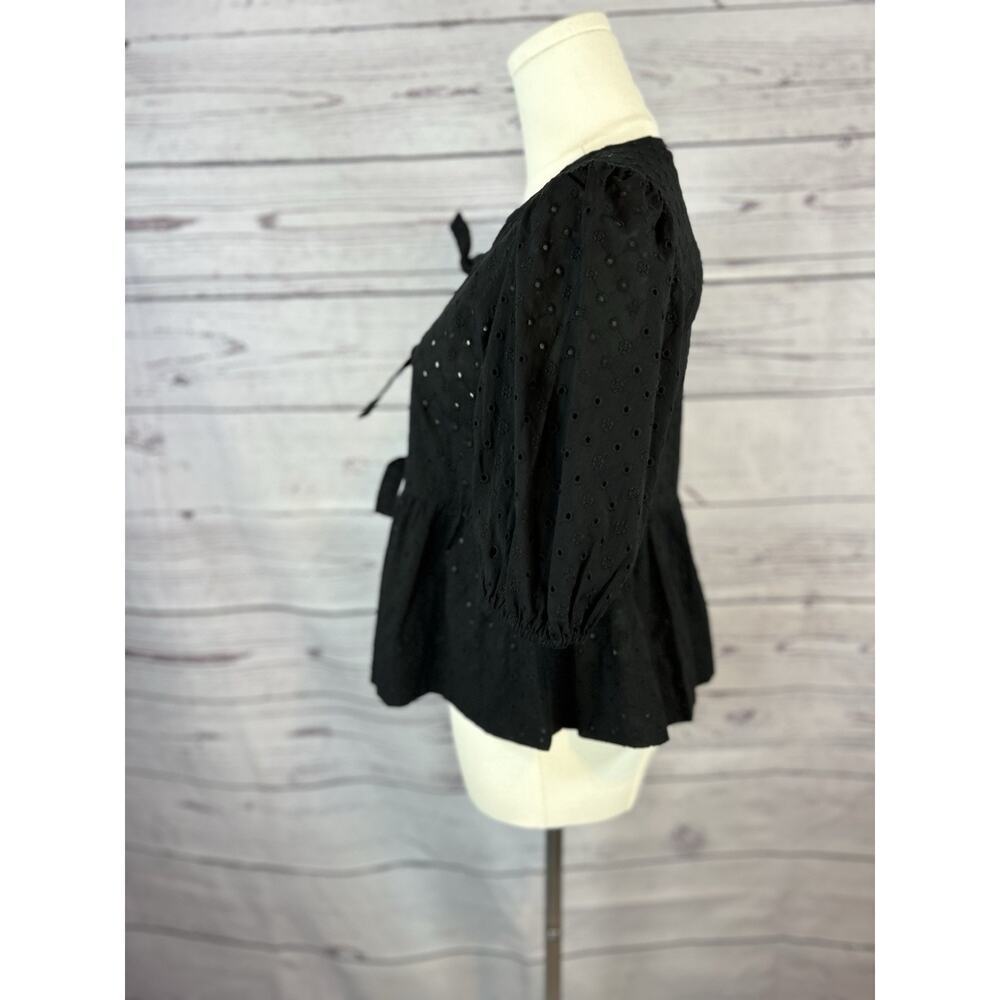 Steve Madden Paula Eyelet Tie Front Top Women XS Black Peplum Puff Sleeve NWT - Picture 3 of 8
